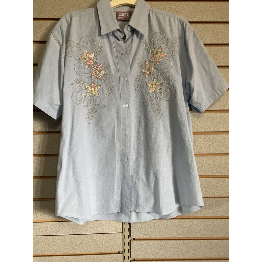 Vintage Premier International‎ Blouse Top Shirt Embroidered Floral Blue Cotton M